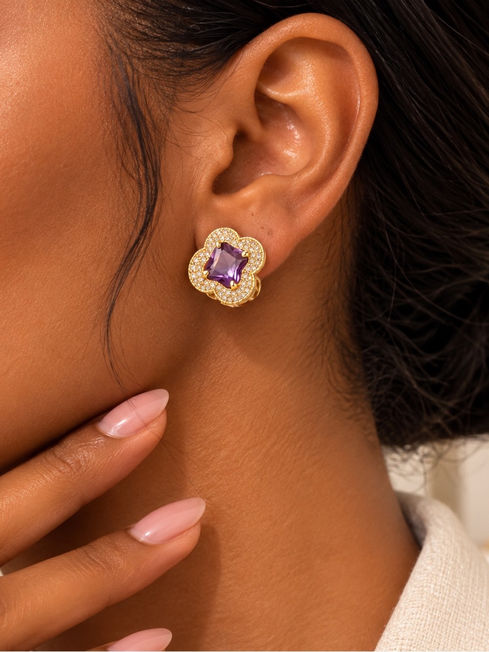 14K Gold-Filled Floral Stud Earrings with Purple Gem